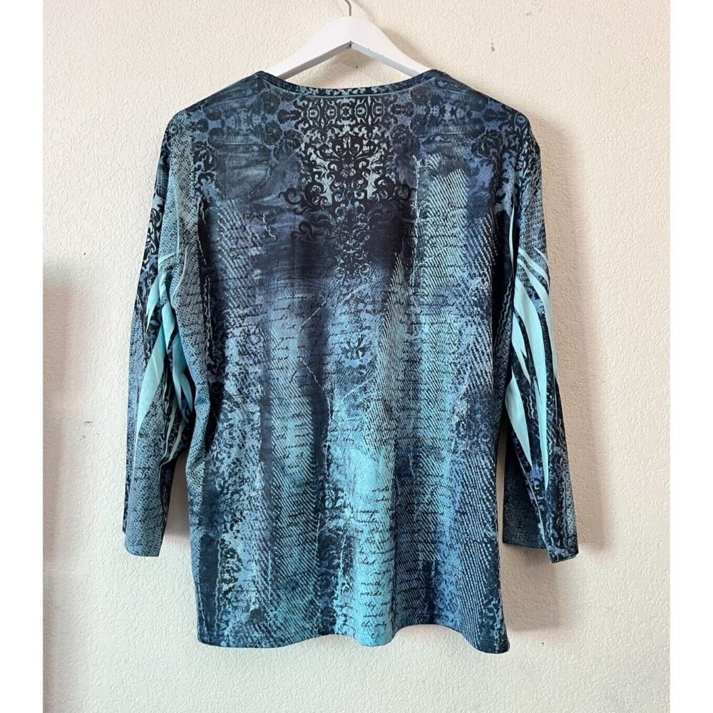 Jess & Jane Womens Printed Blue Denim Effect 3/4 Sleeve T-Shirt XL Blue Studded - Picture 2 of 9